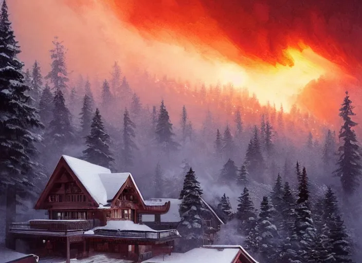 Image similar to mountain chalet covered in fire, smoke, sunrise, snow, sharp details, sharp focus, elegant, highly detailed, illustration, by Jordan Grimmer and greg rutkowski and PiNe(パイネ) and 薯子Imoko and 香川悠作 and wlop and maya takamura, intricate, beautiful, Trending artstation, pixiv, digital Art