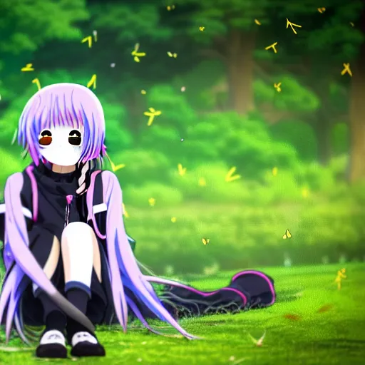 Prompt: A cute young real life 3D anime girl with long blueish lavender hair, wearing a black reaper hood with shorts, a bloody scythe is laying next to her foot, sitting with her knees up in a large grassy green field, shining golden hour, extremely cute anime girl face, she is happy, childlike, little kid, Haruhi Suzumiya, Umineko, Lucky Star, K-On, Kyoto Animation, she is smiling and happy, chibi style, extremely cute, she is smiling and excited, her tiny hands are on her thighs, she has a cute expressive face, long socks with skulls on them