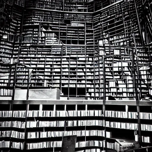 Prompt: “overlooking the top of a maze inside Powell’s City of Books. Brutalist black and white analog photo. Hyperrealistic, benchmark resolution photo”