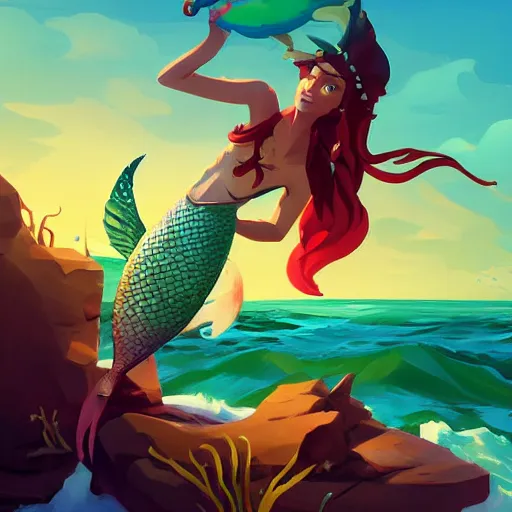 Image similar to painting mermaid treasure on sea of thieves game avatar hero smooth face median photoshop filter cutout vector, behance hd by jesper ejsing, by rhads, makoto shinkai and lois van baarle, ilya kuvshinov, rossdraws global illumination