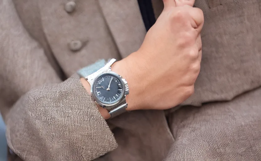 Prompt: omega speedmaster on the wrist of a lady with a wool suit