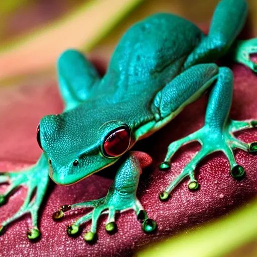 Prompt: photo { teal! frog } with { red!! eyes }