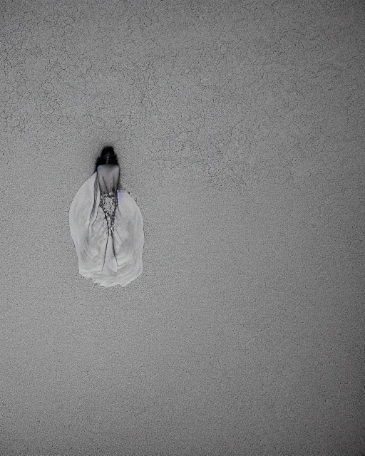 Image similar to a woman standing on a beach, made of intricate decorative lace leaf skeleton, shot from a drone, in the style of the dutch masters and gregory crewdson, dark and moody