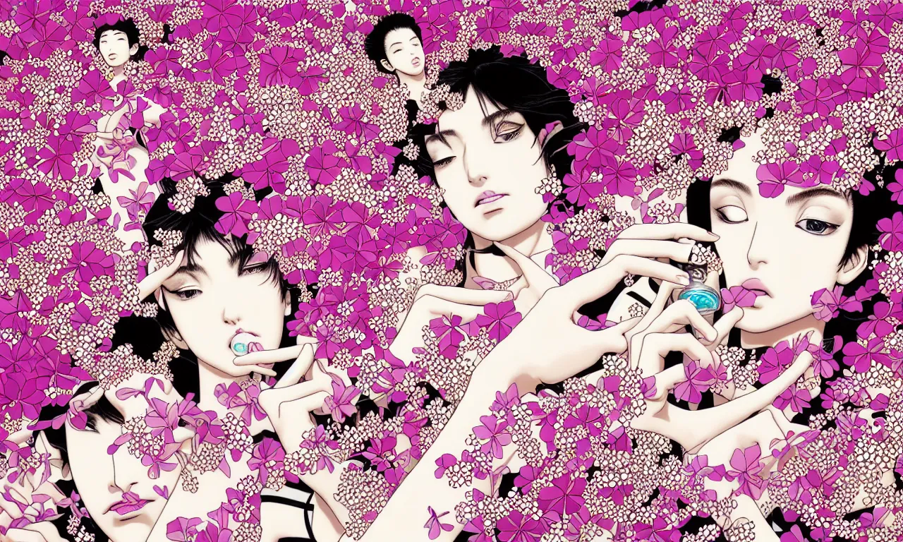 Image similar to fragrance advertising campaign by hirohiko araki, highly detailed, intricate, very beautiful