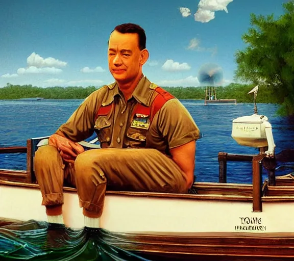 Image similar to Tom hanks as forrest gump sitting in a giant shrimp boat, majestic beautiful world, digital art, amazing detail, artstation, in the style of norman rockwell