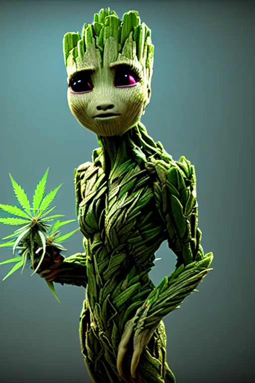 Image similar to high quality 3 d render very cute beautiful creature with a cannabis inflorescence instead of a head, like baby groot! incorporated speakers!, cyberpunk highly detailed, unreal engine cinematic smooth, in the style of blade runner & detective pikachu, hannah yata charlie immer, moody light, low angle, uhd 8 k, sharp focus