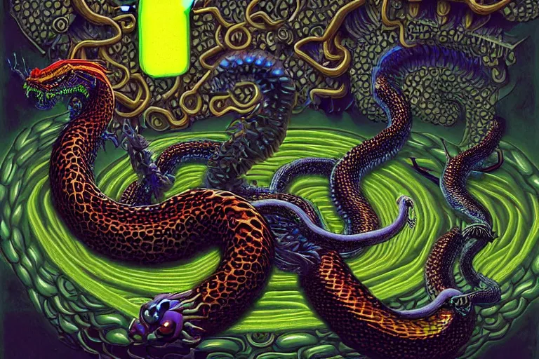 Prompt: a detailed digital art painting of a cyberpunk magick oni dragon with occult futuristic effigy of a beautiful field of mushrooms that is a adorable leopard atomic latent snakes in between ferret biomorphic molecular hallucinations in the style of escher, alex grey, stephen gammell inspired by realism, symbolism, magical realism and dark fantasy, crisp,