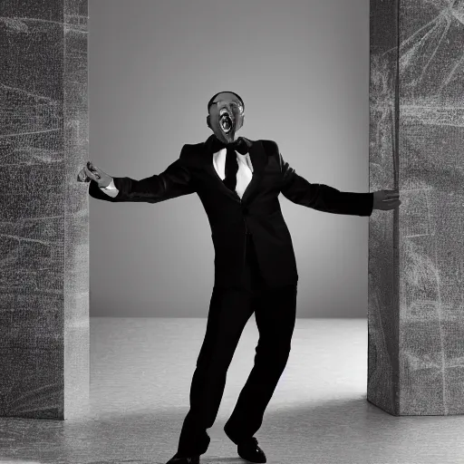 Image similar to a man in zirconium pants dancing to time, black and white