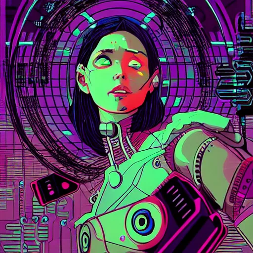 Image similar to a portrait of a beautiful cybernetic woman connected to a synthesizer from hell, wires, cyberpunk concept art by josan gonzales and dan mumford