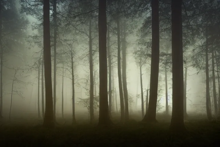 Image similar to An ultrawide cinematic shot of a forest at night with fog and lightning.