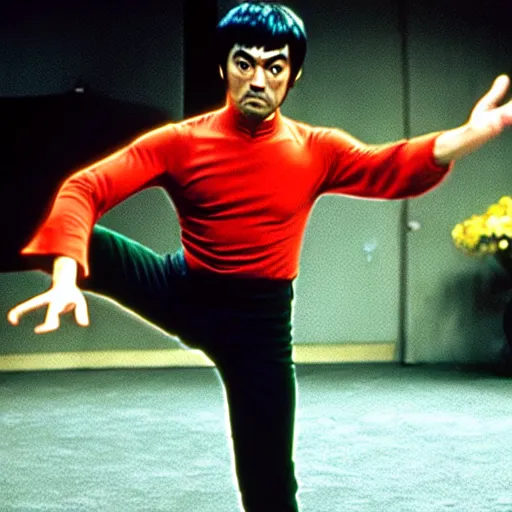 Prompt: mr. bean as bruce lee. movie still. cinematic lighting.