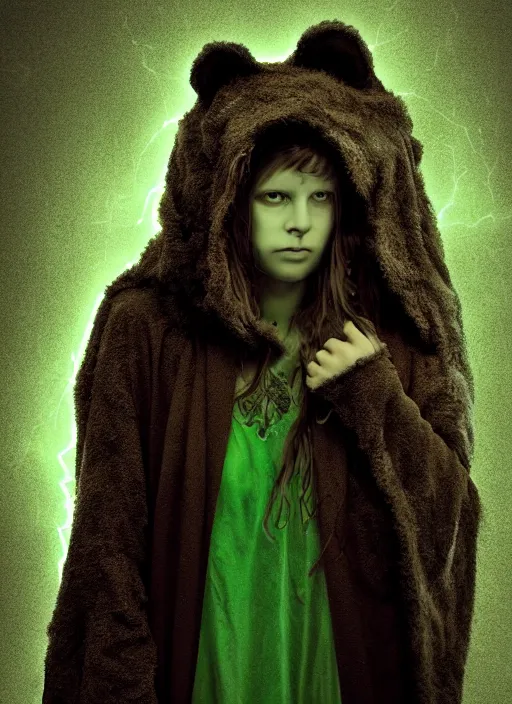 Prompt: character and environment design, portrait 2 0 - year - old dark fantasy female druid, tattered bear hood and robe, key shot, green lightning, zeiss 3 5 mm photography