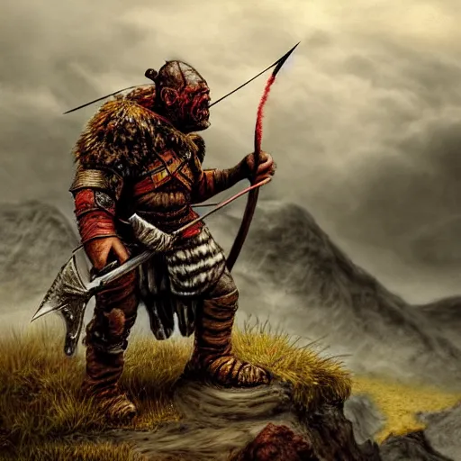 Prompt: lonely ork warrior struck by an arrow in the shoulder, bleeding, tired, desolated mountains in the distance, cloudy and atmospheric with a touch of sunlight coming through, realistic, tolkien world