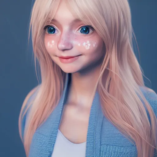 Image similar to Render of Lily, a cute 3d young woman, long white hair, full round face, light blue eyes, bisque skin tone, cute freckles, light red blush, smiling softly,wearing casual clothing, interior lighting, cozy living room background, medium shot, mid-shot, hyperdetailed, trending on Artstation, Unreal Engine 4k