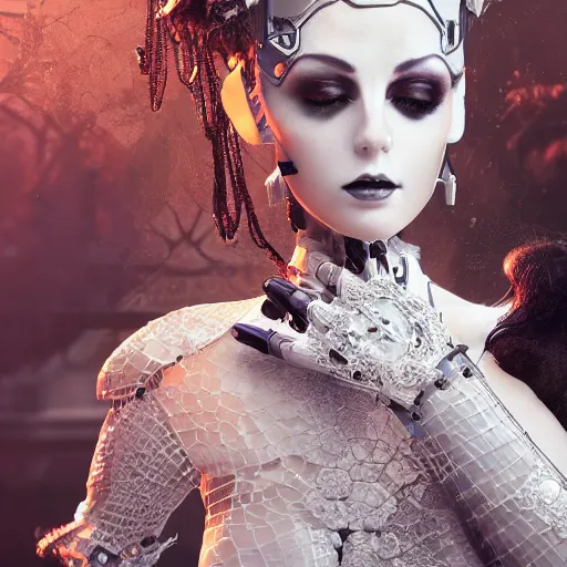 Prompt: female gothic robots with transparent head with mechanical brain, detailed diamond face, sensual pose, dressed in white intricate lace and jewels, epic environment, matte painting, diffused lighting, highly detailed, cinematic, epic atmosphere, digital art, trending on artstation, wide angle