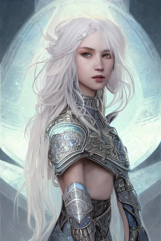 Image similar to portrait white hair knights of zodiac girl, sliver ice color reflected armor, in ruined agora of athens sunrise, ssci - fi and fantasy, intricate and very very beautiful and elegant, highly detailed, digital painting, artstation, concept art, smooth and sharp focus, illustration, art by tian zi and wlop and alphonse mucha