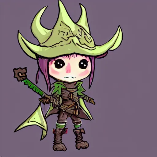 Prompt: cute tiny goblin girl wearing hunter armor from Bloodborne and a wizard hat, geeen skin, d&d, drawn by shadman