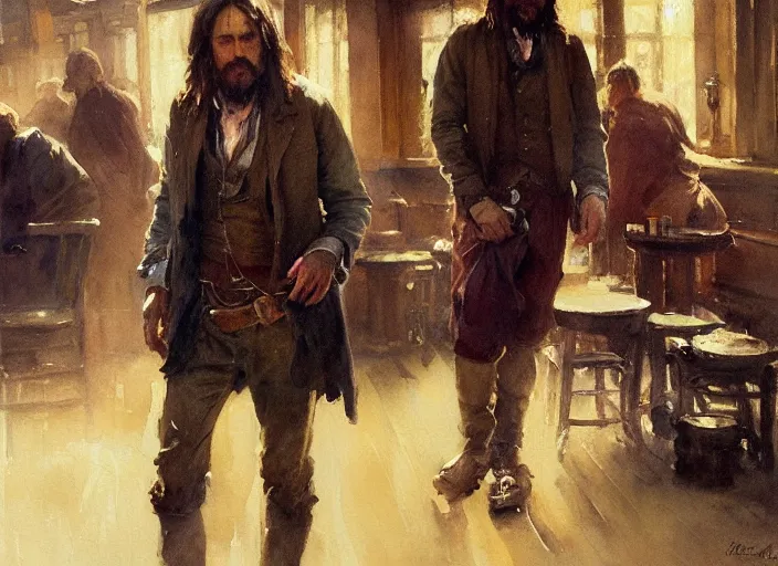 Image similar to oil watercolor painting of young rugged guy in western bar, stubble, long hair, mysterious light, art by anders zorn, wonderful masterpiece by greg rutkowski, beautiful cinematic light, american romanticism by greg manchess, creation by tyler edlin