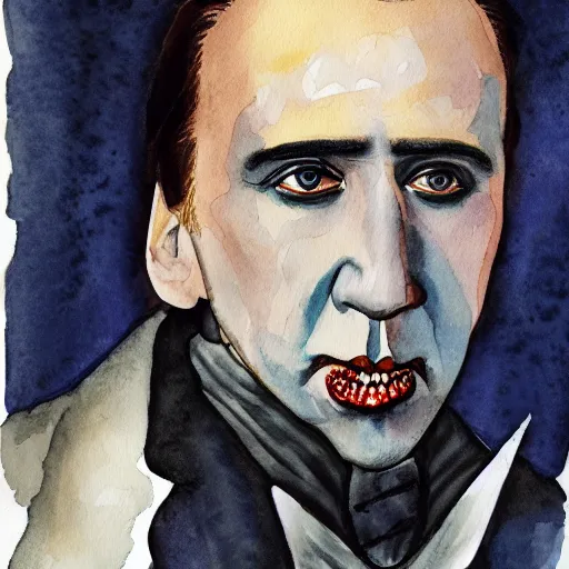 Prompt: watercolor portrait of nicolas cage as count dracula, detailed, centered, duotone