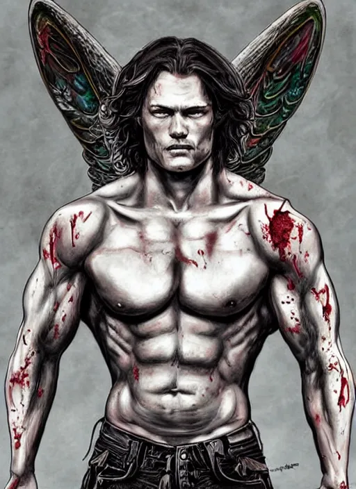 Image similar to Sam Winchester as a muscular angel with religious tattoos on chest and neck, stained and bleeding, magic overlays, urban fantasy book cover style, D&D dark fantasy style, sharp focus, ultra detailed, art by Artgerm and Peter Andrew Jones, Ayami Kojima, Amano and Olivier Ledroit