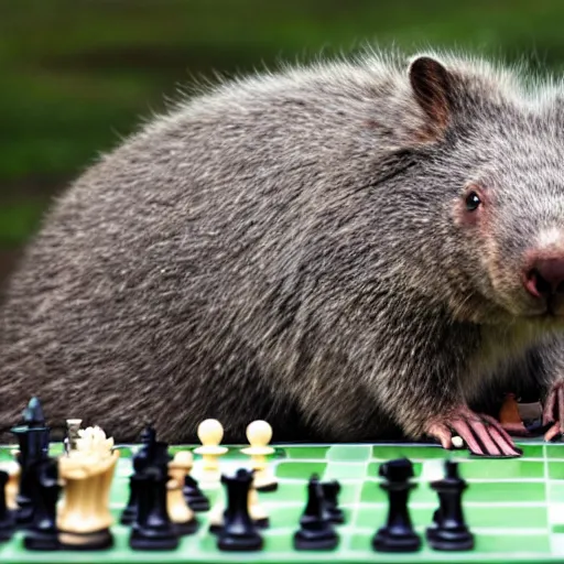 Image similar to crazy wombat playing chess in stellenbosch de zalze with dark clouds and lighting