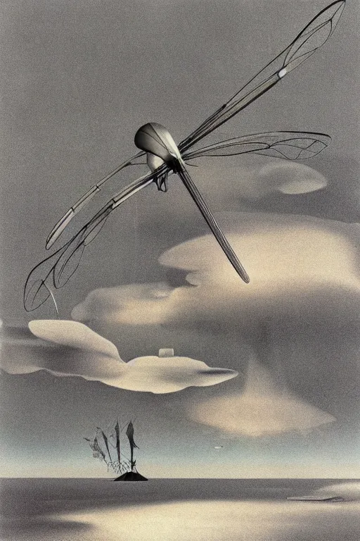 Prompt: a yves tanguy and oskar kokoschka 3 d render of a giant robotic dragonfly on a tiny island, 1 9 9 5 render