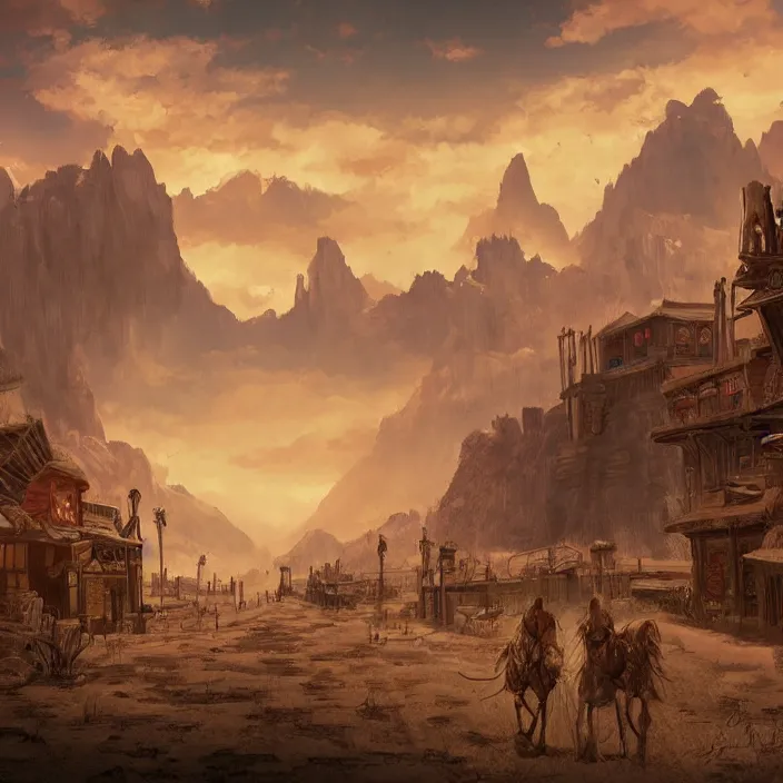 Image similar to large fantasy western town in the middle of a sandy desert with a mountain on the horizon. magic the gathering art, digital media