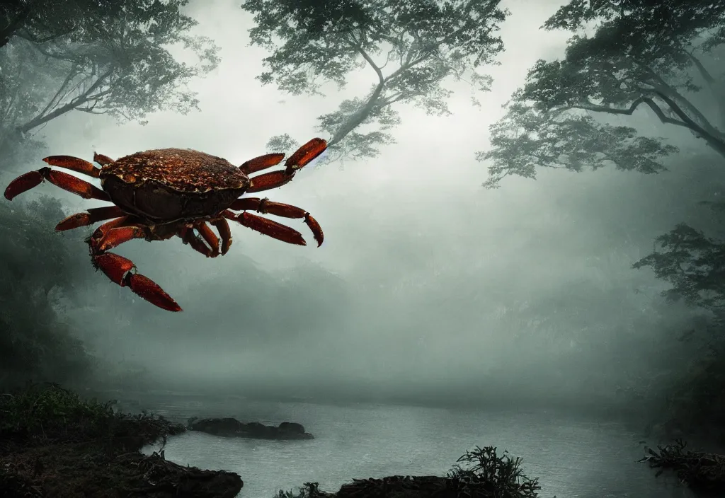 Image similar to an enormous giant crab king, in a jungle with ominous light from above, ambient light, fog, river, very poetic