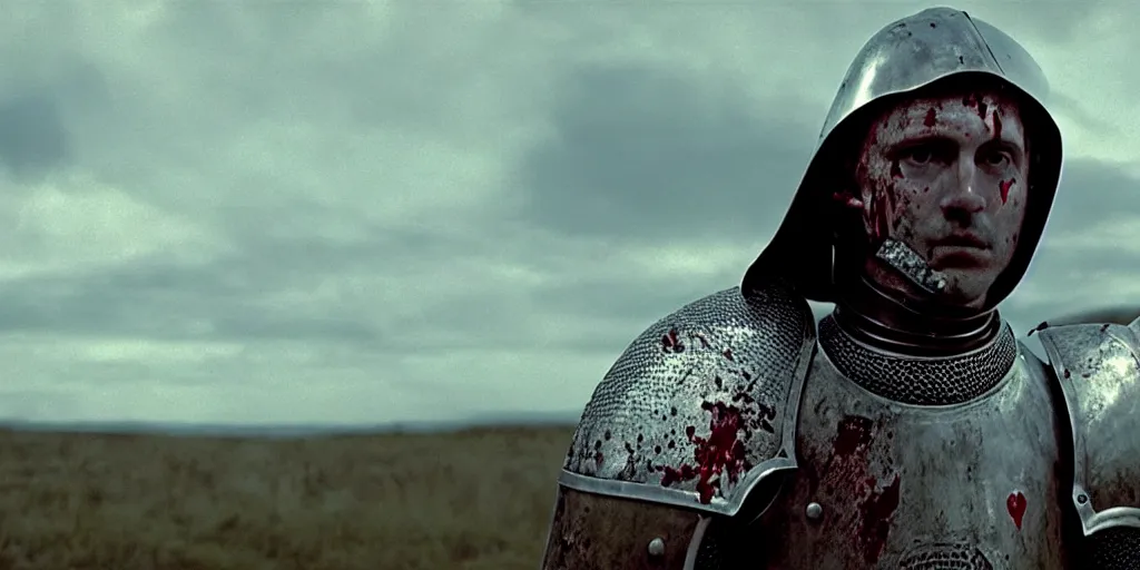 Image similar to film still of closeup a knight with a bloody heart in his hand by emmanuel lubezki