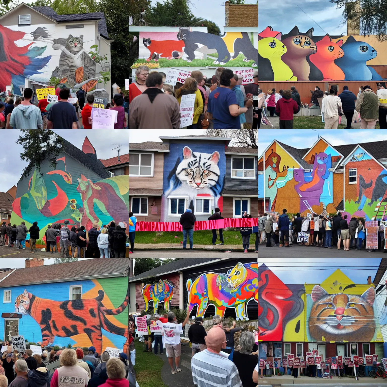 Prompt: a crowd of neighbours protesting against painted giant cats murals on their houses