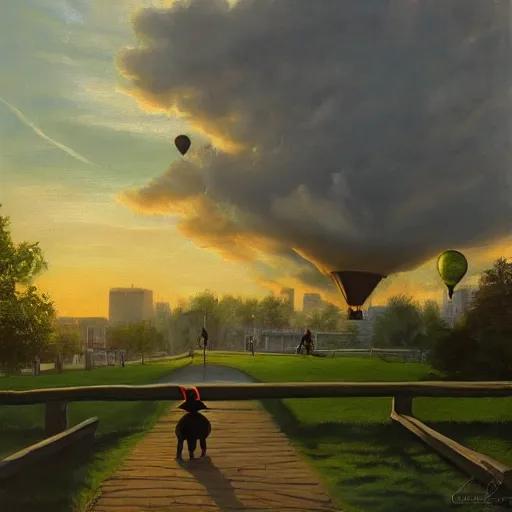 Image similar to high - angle view, shot from 5 0 feet distance, baby yoda strolls plays on a seesaw in a city park. a balloon vender in the background. dramatic clouds, setting sun. golden hour, oil on canvas painting, detailed, depth, volume, chiaroscuro, quiet intensity, serene.