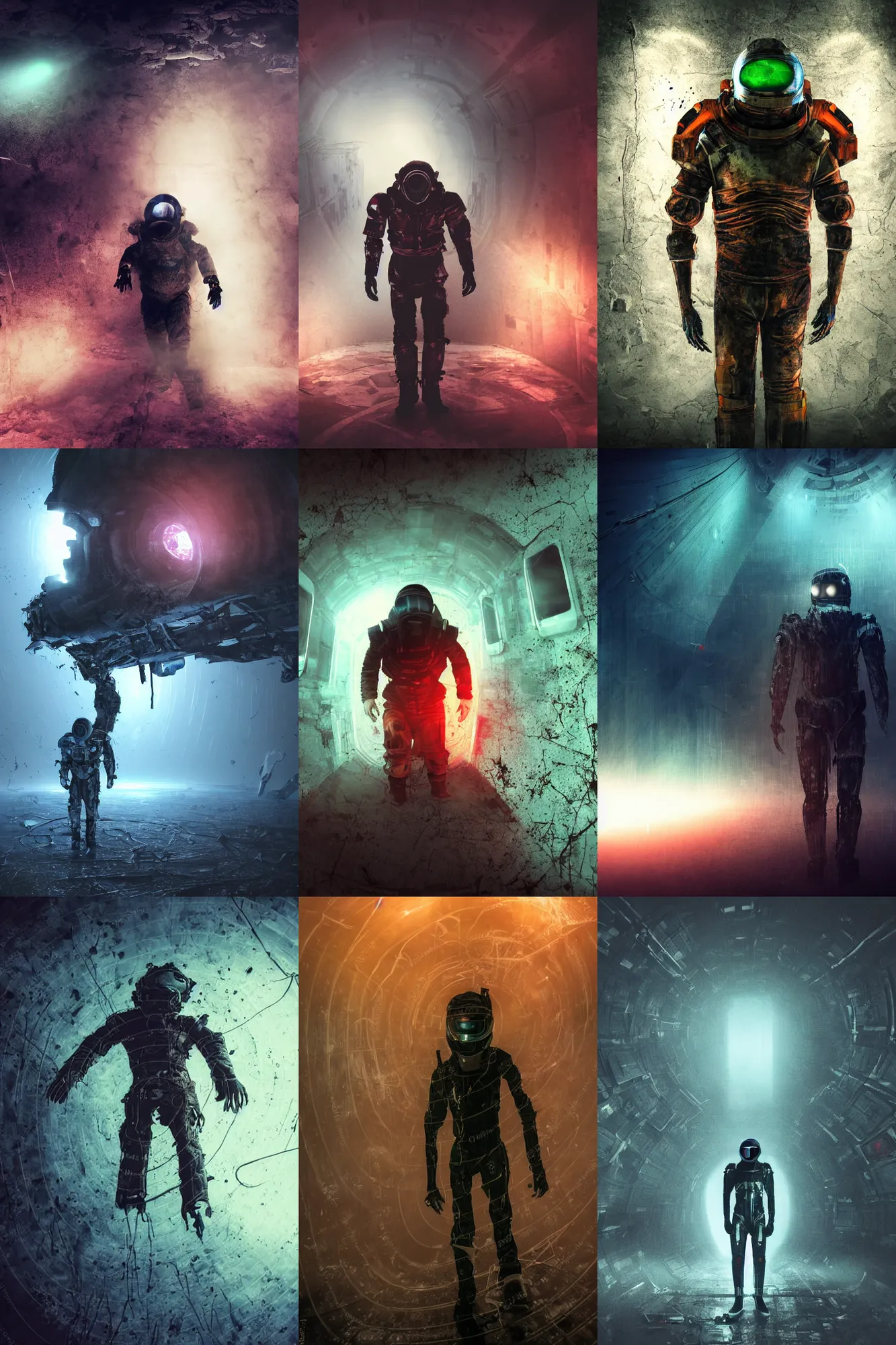 Prompt: horror movie scene with moody colors of an individual in futuristic space suit walking through a broken down deep space mining space station, the walls are broken and twisted metal, rusting metal adorns the walls, tense atmosphere, misty floats through the air, amazing value control, dead space, moody colors, dramatic lighting