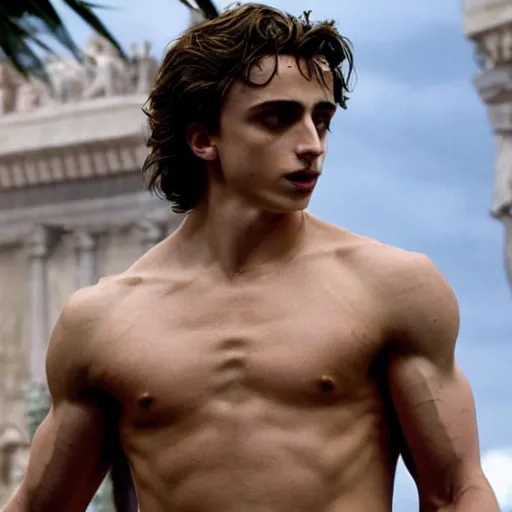 Prompt: first photos of 2 0 2 4 3 0 0 remake - muscular timothy chalamet as leonidas, put on 1 0 0 pounds of muscle, looks different, steroids, hgh, ( eos 5 ds r, iso 1 0 0, f / 8, 1 / 1 2 5, 8 4 mm, postprocessed, crisp face, facial features )