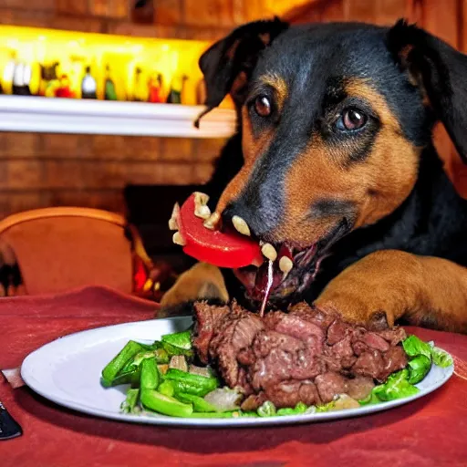 Image similar to courage the dog eating sloppy steaks