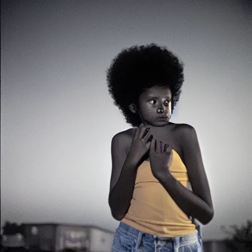 Image similar to teenager light - skin girl, afro hair, stares at the camera, night sky, stars, bruce gilden, leica s, fuji 8 0 0, grainy, low light