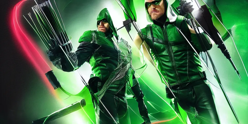 Prompt: green arrow combined with waya steurbaut hero combination rainbow glowing suite high resolution film render 100k, photo realistic, epic, colourful