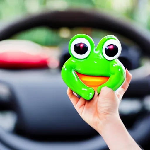 Prompt: human with frog face driving car, palm trees