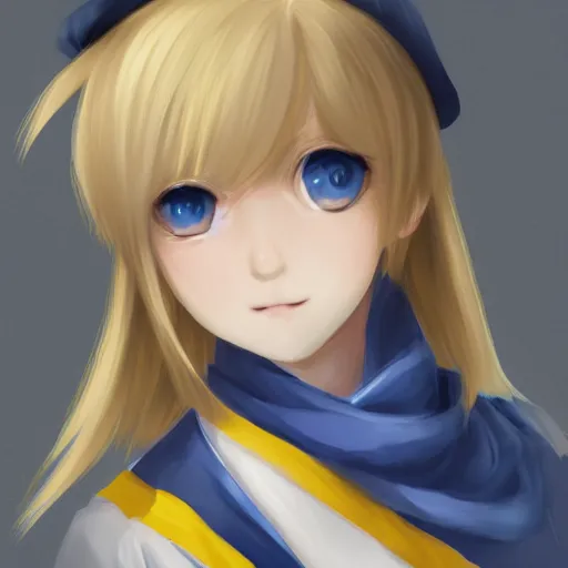 Prompt: full headshot portrait of blond baby with gray eyes with a blue scarf yellow t - shirt, drawn by wlop, by avetetsuya studios, attractive character, colored sketch anime manga panel, cirno from touhou, trending on artstation