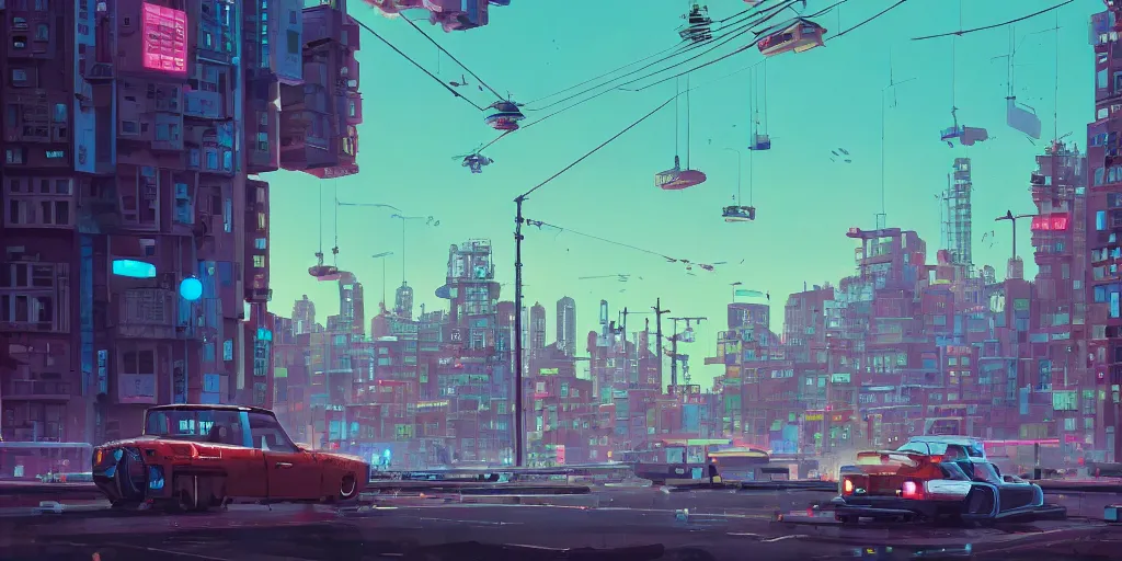 Image similar to city, building, cars, neon lights, dystopia, park tree, people, happy town, close view of street, fish eye view lens , by Goro Fujita and Simon Stalenhag , 8k, trending on artstation, hyper detailed, cinematic