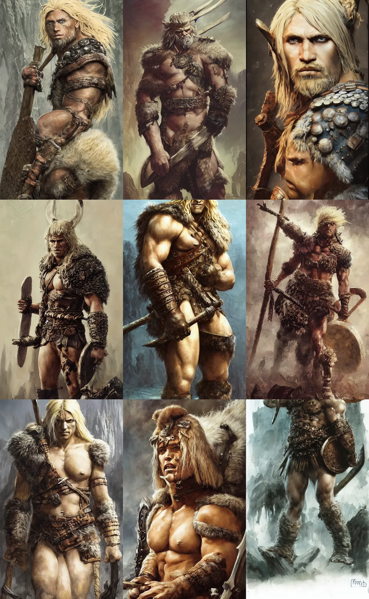 Prompt: A mixed media painting of a blonde barbarian, very aesthetic, fur armor, detailed face and eyes, by Frank Frazetta, Greg Rutkowski, Beeple, Yoko Taro, Christian MacNevin, epic fantasy character art, viking runes, high fantasy, CGsociety, full length, exquisite detail, post-processing, masterpiece, cinematic, roman festival backdrop