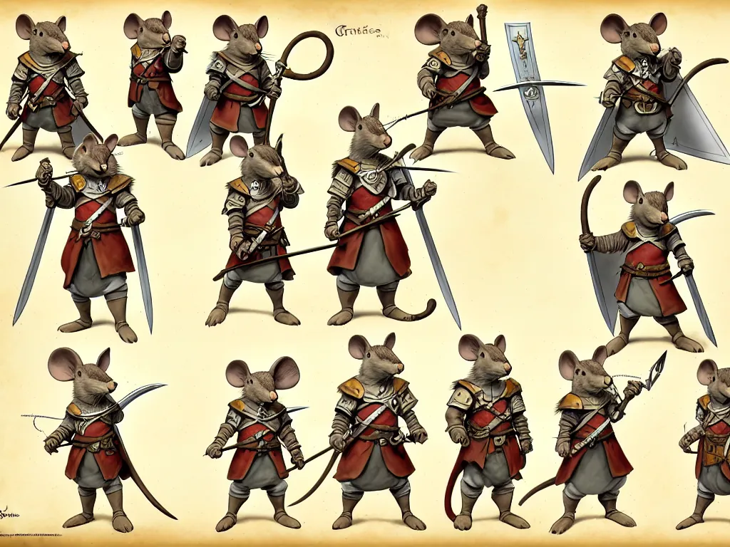 Image similar to character design sheet for a heroic mouse knight with sword and shield on a parchment background, redwall, greg rutowski and jean baptiste monge, very very detailed, epic fantasy concept art