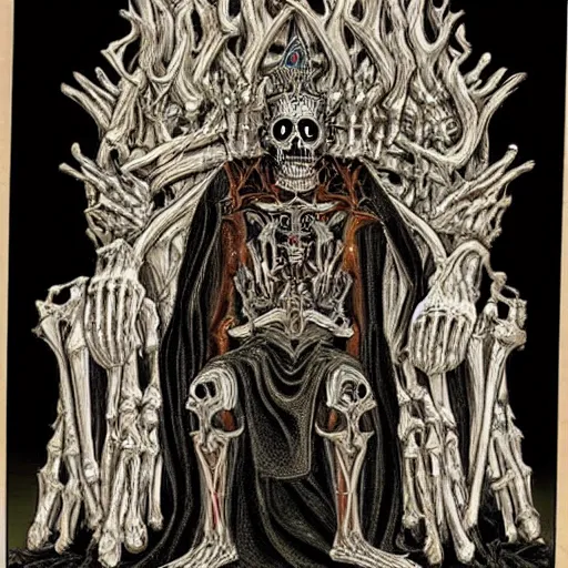 Image similar to A lich sitting on the throne made of bones, magical glow, intricate, sharp details, in the style of Kristian Wåhlin