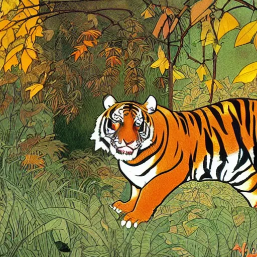 Image similar to a highly detailed cartoon tiger waving a leaf fan, autumn leaves on the ground, concise lines, ultradetailed environment, sharp focus, cinematic lighting, by alphonse maria mucha and kim jung gi