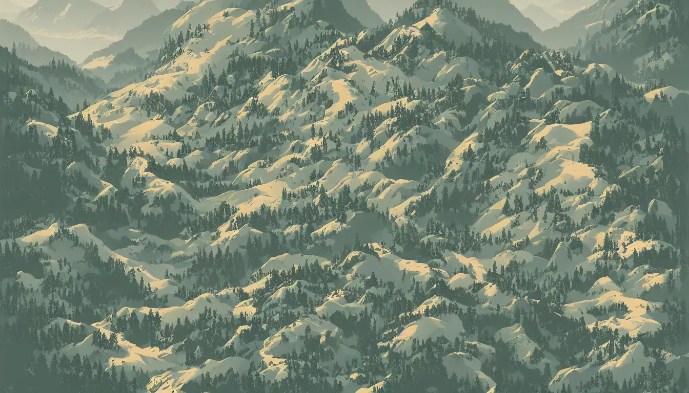 Prompt: a bunch of hikers going up a mountain, view from above, victor ngai