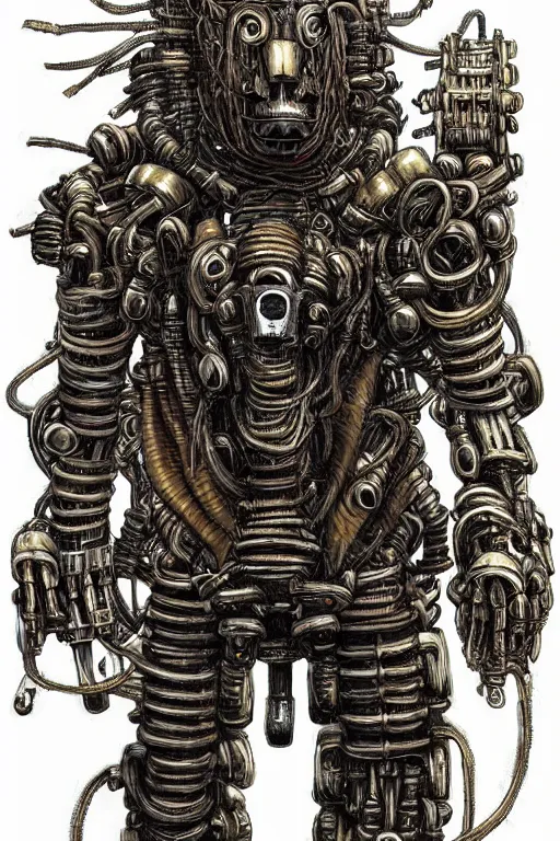 Image similar to wild monstorous anthropomorphic biomechanical bear warrior wearing dreadlocks made of cables and wires. Upgraded with hightech cyberwares. huge, big, giant bear human hybrid, mecha animal, tall, detailed woodcut armor, terrifying and dangerous, scary, beautiful, steampunk monster android hybrid art portrait, matte scifi fantasy painting, half robot half bear. DeviantArt Artstation, by Jason Felix by Steve Argyle by Tyler Jacobson by Peter Mohrbacher, cinematic lighting