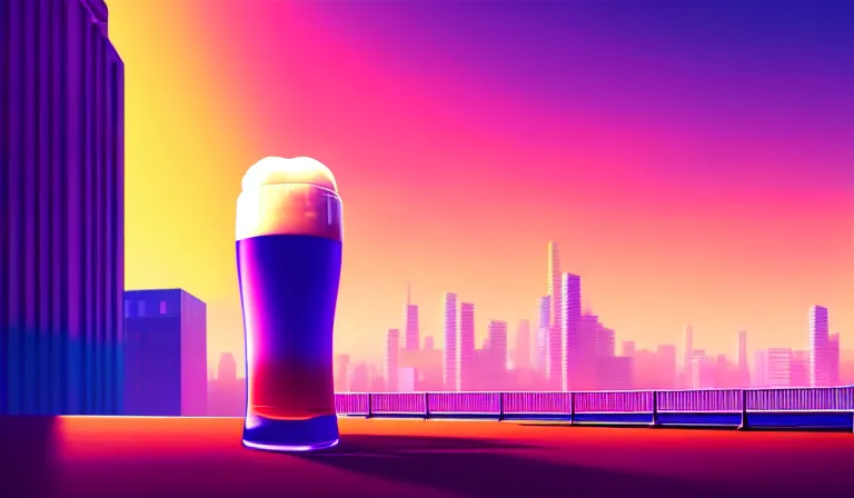 Image similar to a beautiful and immaculate futuristic city. the silhouette of an oversized pint of beer standing in an alleyway. vaporwave ombre rendering. outrun style. trending on artstation. recommended for you behance. by chris moore. by edward hopper. beeple colors.