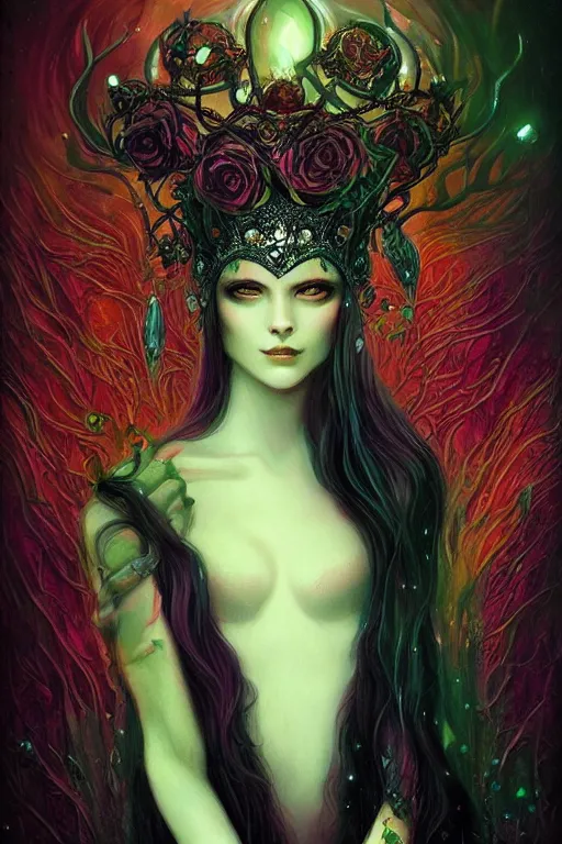 Prompt: jeweled Crown, other worldly, dark fae court, black roses, long black hair, black eyes, vivid colors, art nouveau, by Anato Finnstark, Tom Bagshaw, Brom