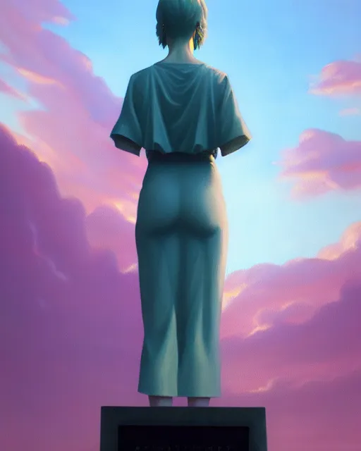 Image similar to a painting of a woman standing in front of a statue, a screenshot by stanley twardowicz, cgsociety, aestheticism, aesthetic, vaporwave, anime aesthetic