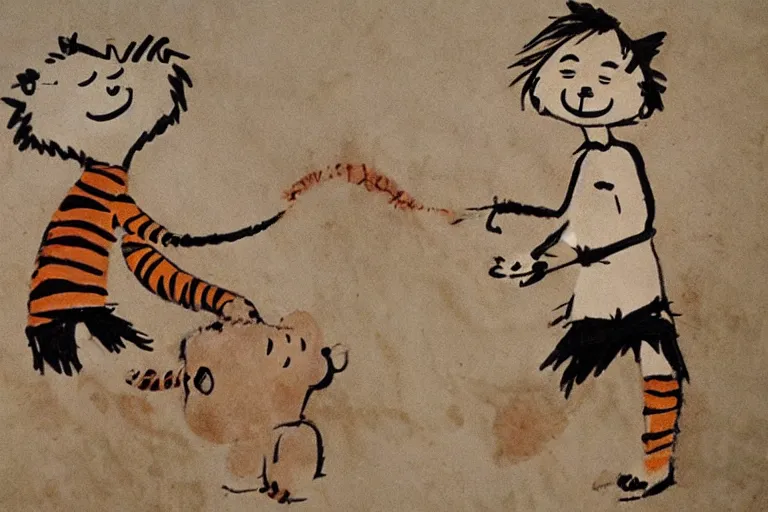 Image similar to calvin and hobbes in cave painting style