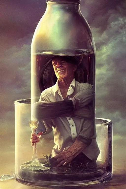 Image similar to a ship in a bottle but instead of a ship it is jack nicholson in the bottle, masterpiece painting by artgerm, greg rutkowski, tom bagshaw